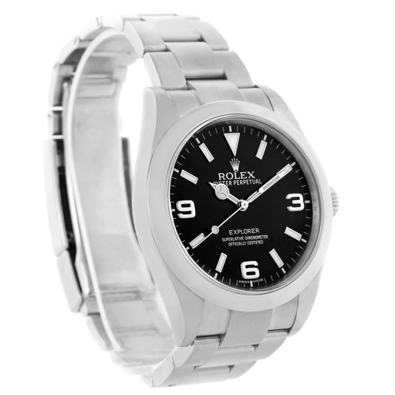 The image shows a Rolex Explorer 214270 Men's Stainless Steel Black Dial 214270 Men's Stainless Steel Black Dial watch at a slight angle, clearly displaying its black dial, bezel, and stainless steel bracelet.