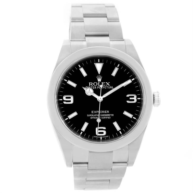 The image shows a front view of a Rolex Explorer 214270 Men's Stainless Steel Black Dial 214270 Men's Stainless Steel Black Dial watch, highlighting its black dial, silver bracelet, and crown.