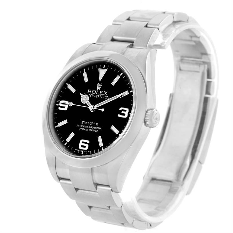 The image shows a Rolex Explorer 214270 Men's Stainless Steel Black Dial 214270 Men's Stainless Steel Black Dial watch at a slight side angle, highlighting its face, bezel, winding crown, and bracelet.