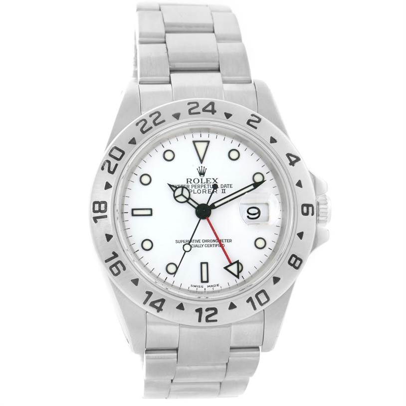The image shows a frontal view of a Rolex Explorer 16570 Men's Stainless Steel White Dial 16570 Men's Stainless Steel White Dial watch, highlighting its white dial, bezel, and bracelet.
