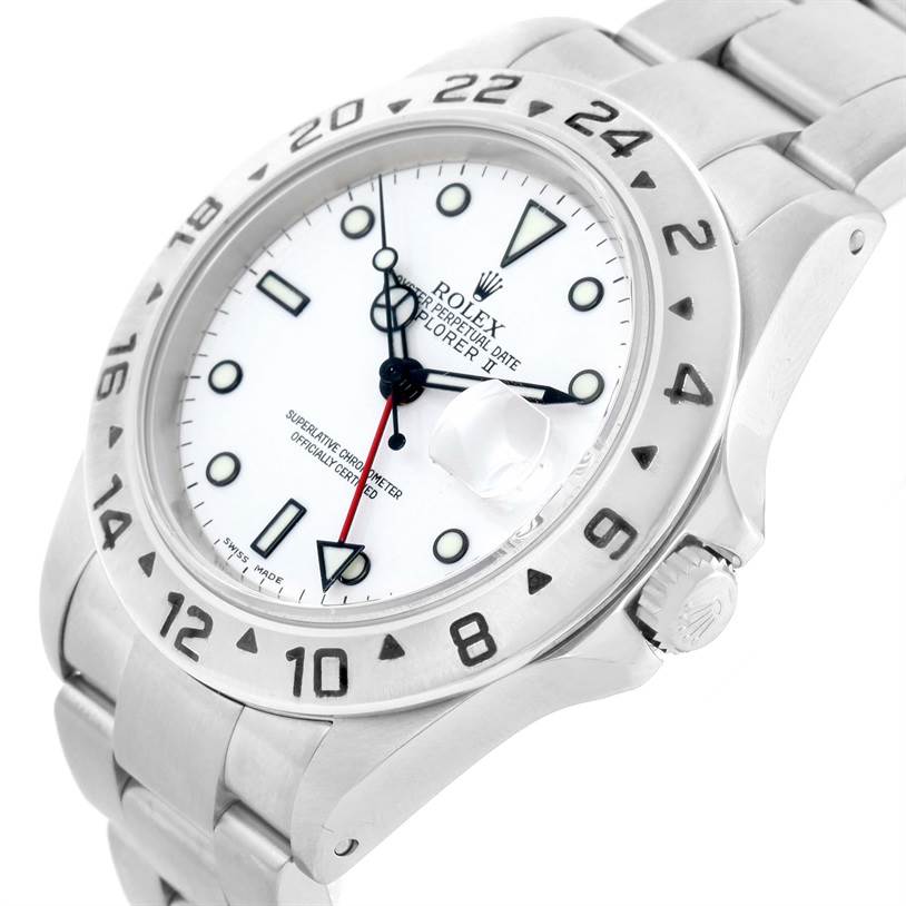 The image shows a close-up angled view of a Rolex Explorer 16570 Men's Stainless Steel White Dial 16570 Men's Stainless Steel White Dial watch, highlighting the watch face, bezel, and part of the bracelet.