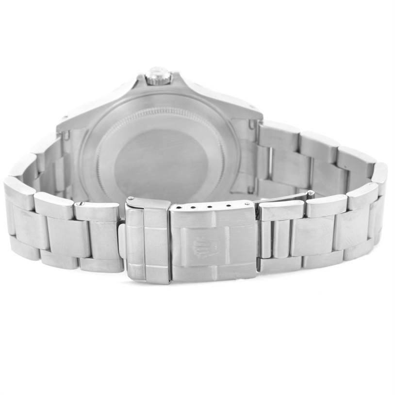 The image shows the back side of a Rolex Explorer 16570 Men's Stainless Steel White Dial 16570 Men's Stainless Steel White Dial watch with its stainless steel bracelet and clasp visible.