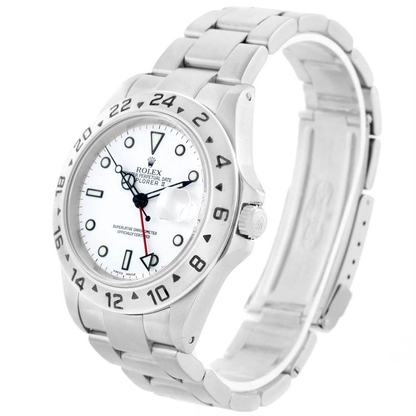 The image shows a side angle view of a Rolex Explorer 16570 Men's Stainless Steel White Dial 16570 Men's Stainless Steel White Dial watch, featuring the case, bezel, dial, crown, and bracelet.