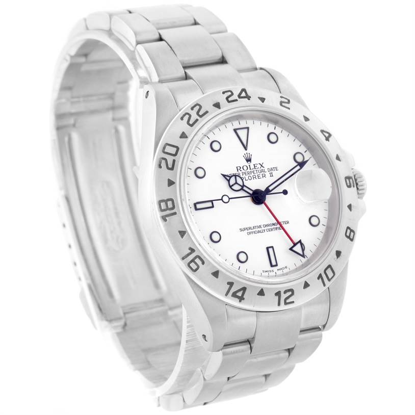 This image shows a Rolex Explorer 16570 Men's Stainless Steel White Dial 16570 Men's Stainless Steel White Dial watch from an angled top view, highlighting its face, bezel, and part of the bracelet.