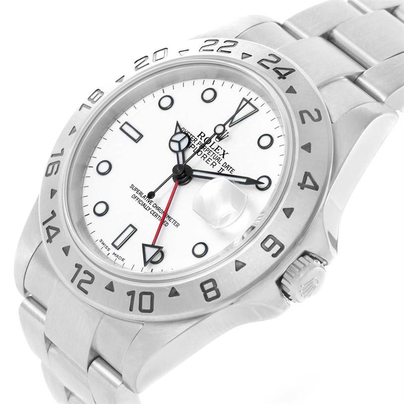 The Rolex Explorer 16570 Men's Stainless Steel White Dial 16570 Men's Stainless Steel White Dial watch is displayed at a slight angle, showing the face, bezel, crown, and part of the bracelet.