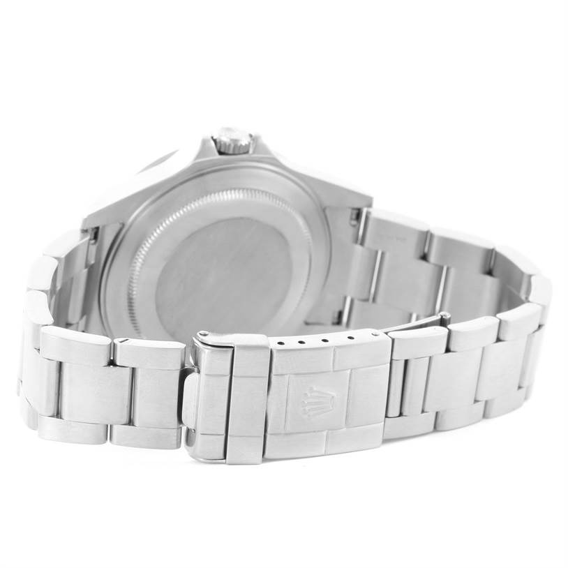 This image shows the back case and bracelet clasp of a Rolex Explorer 16570 Men's Stainless Steel White Dial 16570 Men's Stainless Steel White Dial watch.