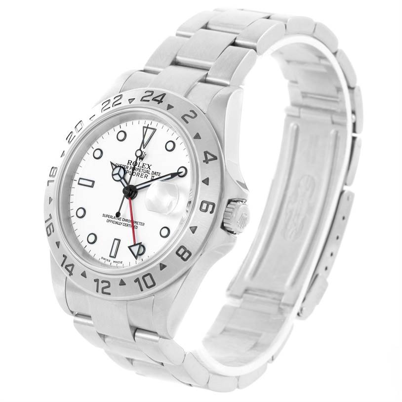 The image shows a side-angle view of the Rolex Explorer 16570 Men's Stainless Steel White Dial 16570 Men's Stainless Steel White Dial watch, highlighting its face, bezel, crown, and bracelet.