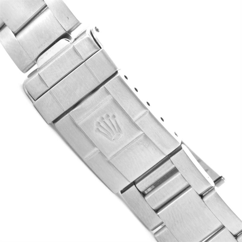 This image shows the clasp and part of the bracelet of a Rolex Explorer 16570 Men's Stainless Steel White Dial 16570 Men's Stainless Steel White Dial watch.