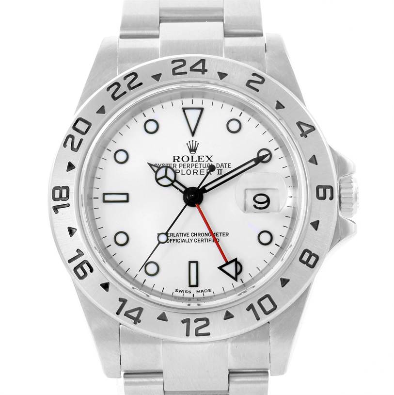 The image shows a front view of the Rolex Explorer 16570 Men's Stainless Steel White Dial 16570 Men's Stainless Steel White Dial watch, highlighting the dial, bezel, and a portion of the bracelet.