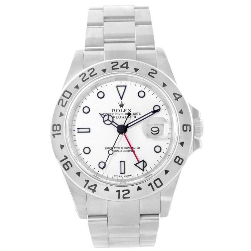 This image shows a front view of the Rolex Explorer 16570 Men's Stainless Steel White Dial 16570 Men's Stainless Steel White Dial watch, highlighting its dial, bezel, bracelet, and crown.