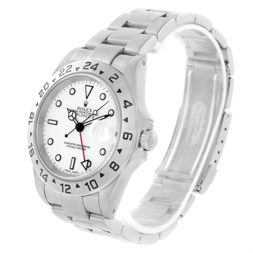 This image shows a Rolex Explorer 16570 Men's Stainless Steel White Dial 16570 Men's Stainless Steel White Dial model watch angled to display the face, bezel, bracelet, and crown.