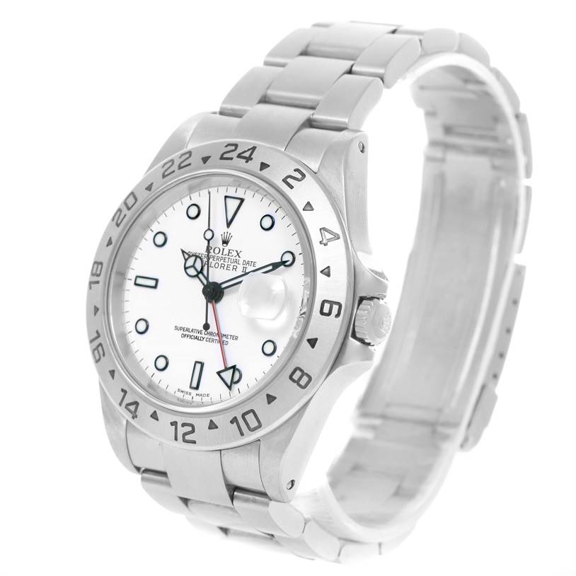 The Rolex Explorer 16570 Men's Stainless Steel White Dial 16570 Men's Stainless Steel White Dial watch is shown at a slight angle, featuring its bezel, dial, crown, and part of the bracelet.