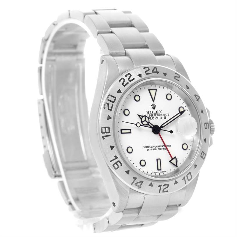 The image shows a Rolex Explorer 16570 Men's Stainless Steel White Dial 16570 Men's Stainless Steel White Dial watch from a three-quarter angle, highlighting the face, bezel, crown, and part of the bracelet.