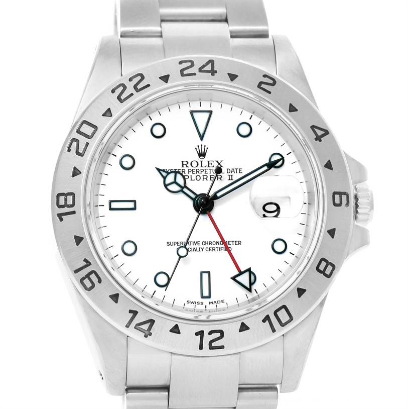 The image shows a frontal view of a Rolex Explorer 16570 Men's Stainless Steel White Dial 16570 Men's Stainless Steel White Dial watch, displaying the face, hands, bezel, and part of the bracelet.
