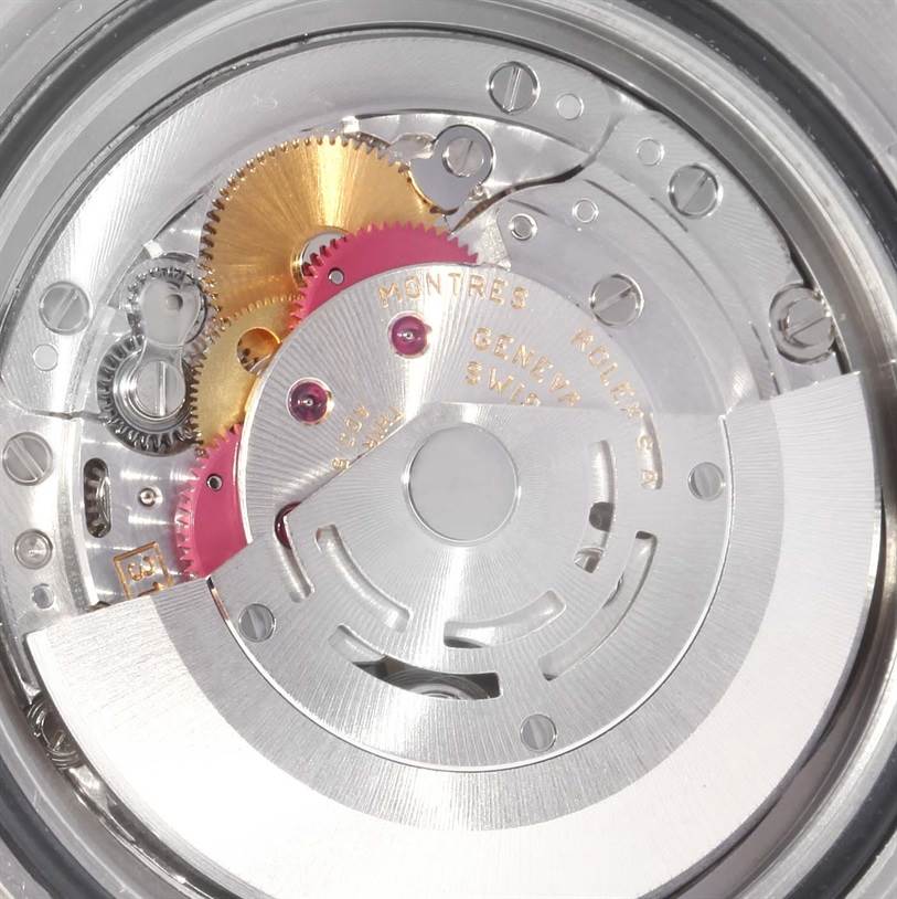 This image shows a close-up of the movement mechanism of a Rolex Explorer 16570 Men's Stainless Steel White Dial 16570 Men's Stainless Steel White Dial watch.