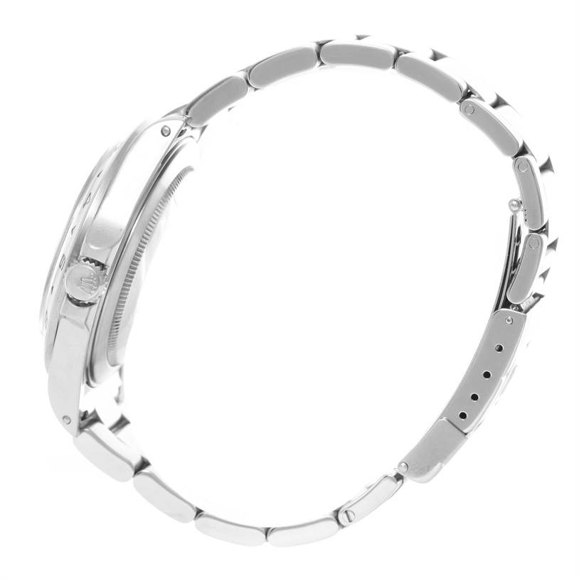 The image shows the side profile of a Rolex Explorer 16570 Men's Stainless Steel White Dial 16570 Men's Stainless Steel White Dial watch, focusing on the case, crown, and bracelet.