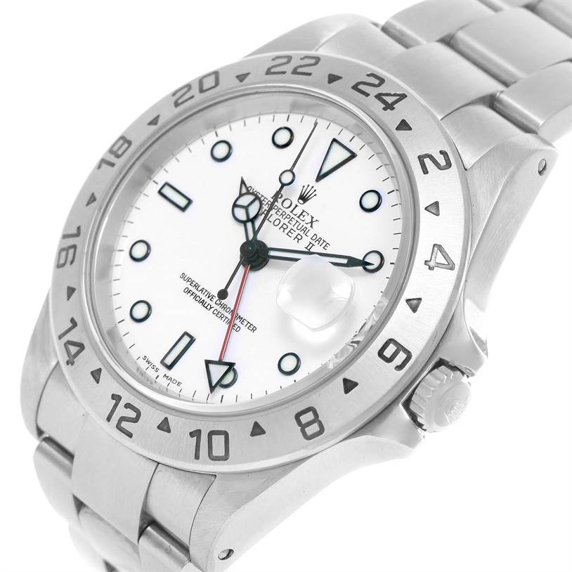 This image shows a Rolex Explorer 16570 Men's Stainless Steel White Dial 16570 Men's Stainless Steel White Dial watch at a slight angle, highlighting the face, bezel, crown, and bracelet.