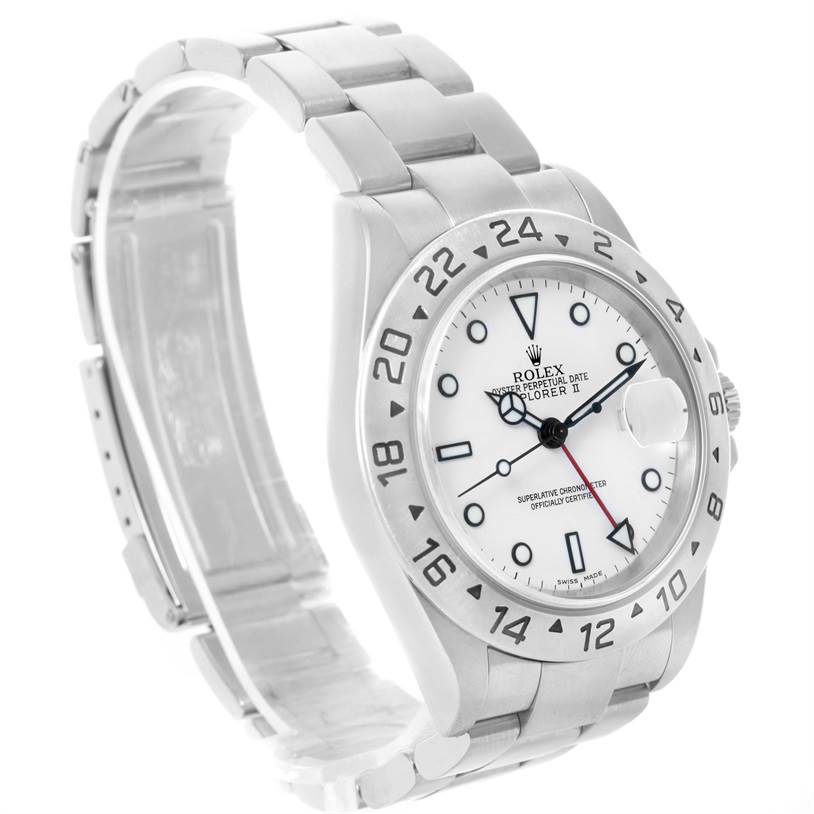 The image shows a side angle of the Rolex Explorer 16570 Men's Stainless Steel White Dial 16570 Men's Stainless Steel White Dial watch, highlighting the bezel, dial, crown, and bracelet.