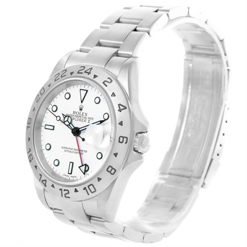 The Rolex Explorer 16570 Men's Stainless Steel White Dial 16570 Men's Stainless Steel White Dial watch is shown at an angle highlighting the face, bezel, and bracelet.