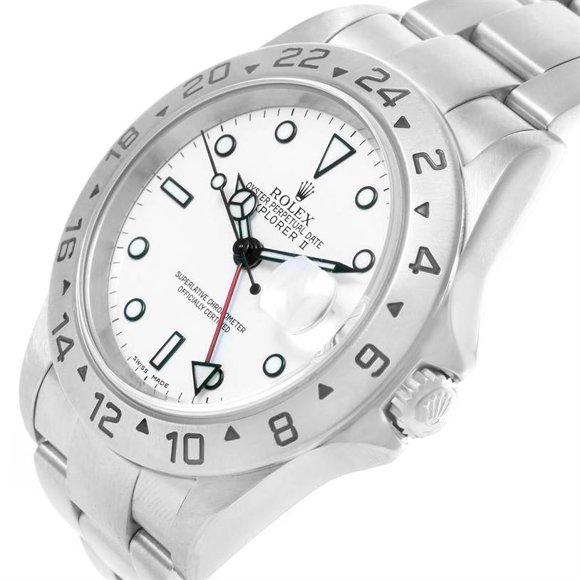 The image shows a Rolex Explorer 16570 Men's Stainless Steel White Dial 16570 Men's Stainless Steel White Dial watch at a slight angle highlighting its dial, bezel, crown, and bracelet.
