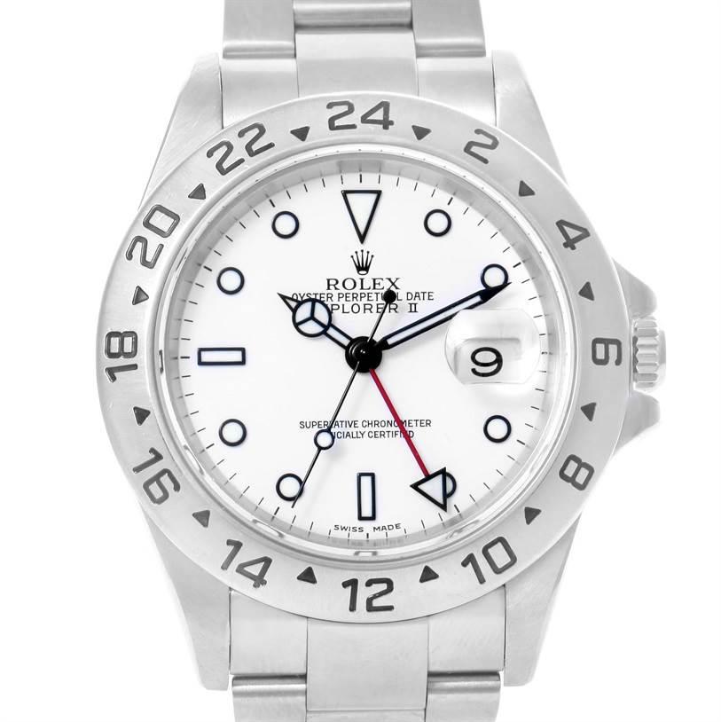 The image shows a Rolex Explorer 16570 Men's Stainless Steel White Dial 16570 Men's Stainless Steel White Dial watch from a direct front angle, highlighting the dial, hands, bezel, and part of the bracelet.