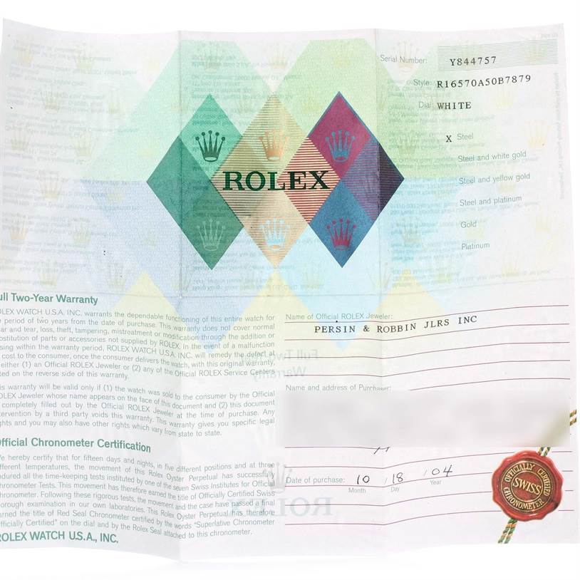 The image shows the warranty card and certification for a Rolex Explorer 16570 Men's Stainless Steel White Dial 16570 Men's Stainless Steel White Dial watch.