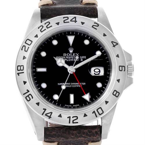 Photo of Rolex Explorer II Mens Steel Black Dial Leather Strap Watch 16570