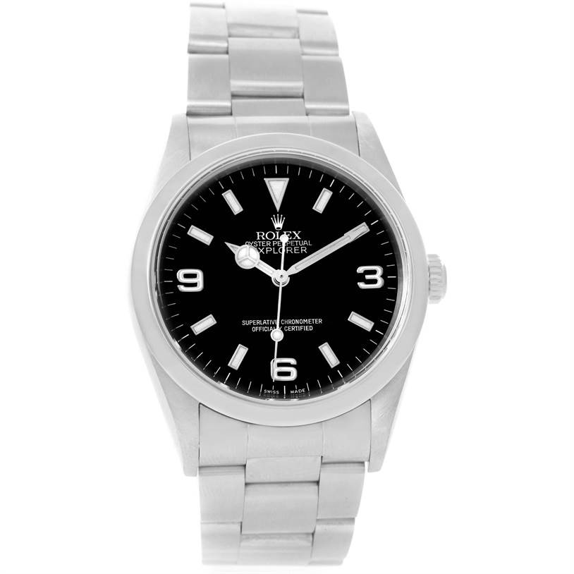 This front view of the Rolex Explorer 14270 Men's Stainless Steel Black Dial 14270 Men's Stainless Steel Black Dial watch displays the dial, hands, bracelet, and bezel.