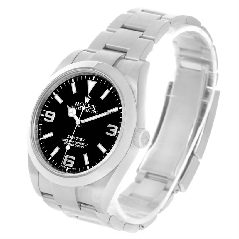 The Rolex Explorer 214270 Men's Stainless Steel Black Dial 214270 Men's Stainless Steel Black Dial watch is shown at a three-quarter angle, highlighting the face, bracelet, and crown.