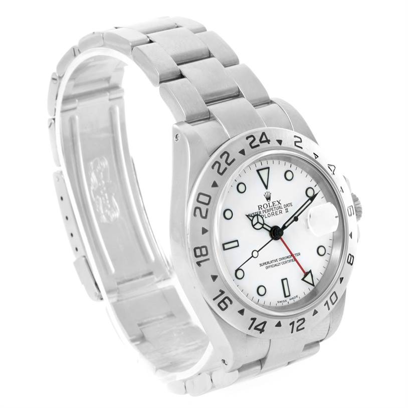 The image shows a front angle of the Rolex Explorer 16570 Men's Stainless Steel White Dial 16570 Men's Stainless Steel White Dial watch, highlighting the dial, bezel, and metal bracelet.