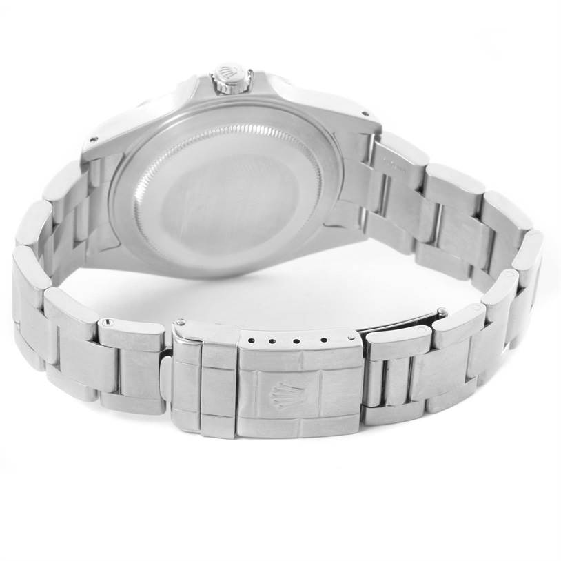 The image shows the back case and stainless steel bracelet of a Rolex Explorer 16570 Men's Stainless Steel White Dial 16570 Men's Stainless Steel White Dial model watch.