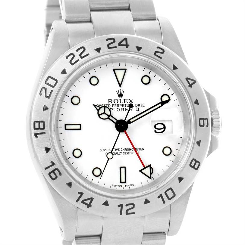 The image shows a front view of the Rolex Explorer 16570 Men's Stainless Steel White Dial 16570 Men's Stainless Steel White Dial watch, highlighting its dial, bezel, and band.