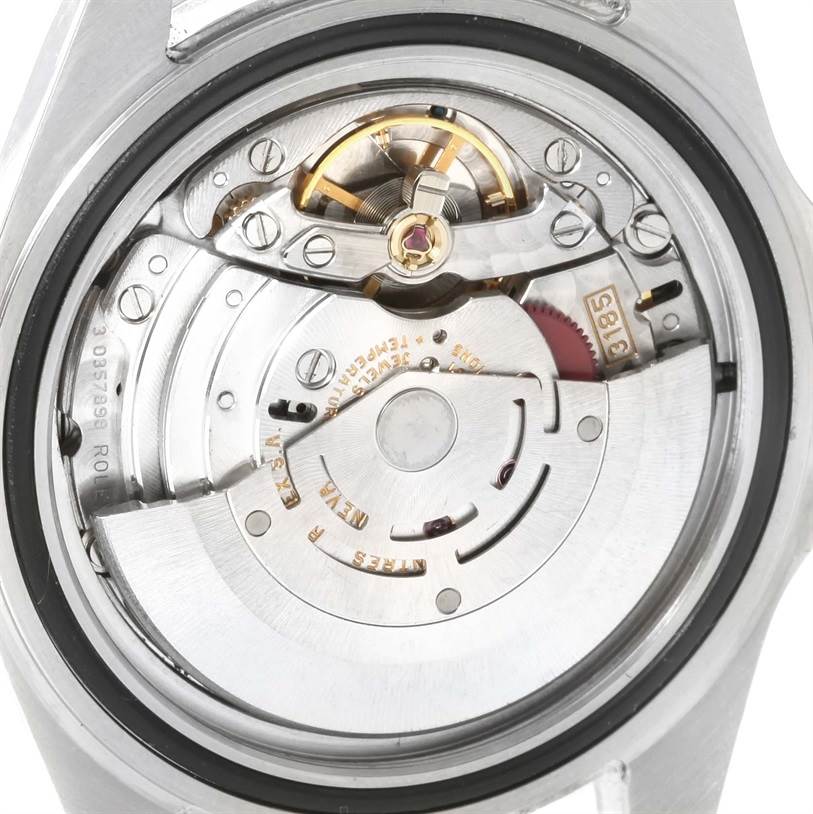 This image shows the back view of the Rolex Explorer 16570 Men's Stainless Steel White Dial 16570 Men's Stainless Steel White Dial watch, focusing on its exposed movement mechanism.