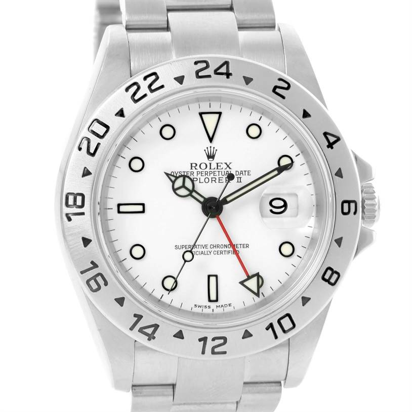 A frontal view of the Rolex Explorer 16570 Men's Stainless Steel White Dial 16570 Men's Stainless Steel White Dial watch, showing its dial, hands, bezel, and part of the bracelet.