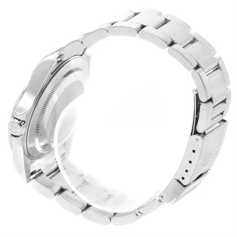 The image shows the side view of a Rolex Explorer 16570 Men's Stainless Steel White Dial 16570 Men's Stainless Steel White Dial watch, focusing on the bracelet, clasp, and case side.