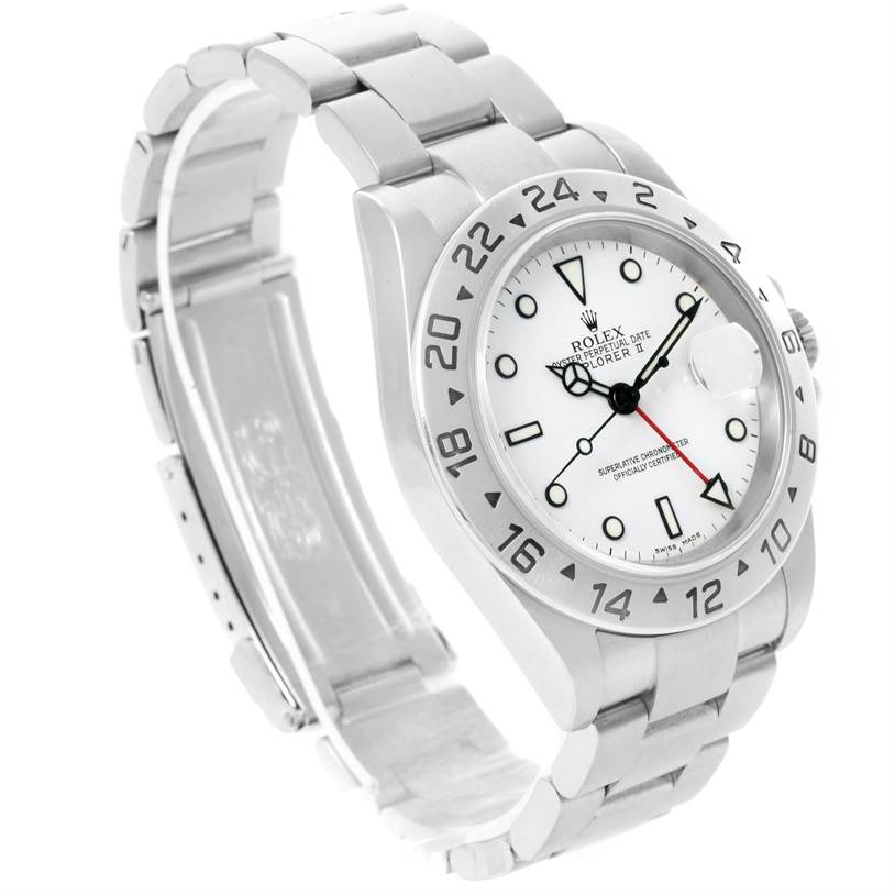 The image shows a Rolex Explorer 16570 Men's Stainless Steel White Dial 16570 Men's Stainless Steel White Dial watch at a slight angle, highlighting its white dial, bezel, and stainless steel bracelet.