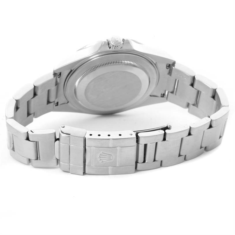 This image shows the back side and the clasp of a Rolex Explorer 16570 Men's Stainless Steel White Dial 16570 Men's Stainless Steel White Dial watch.