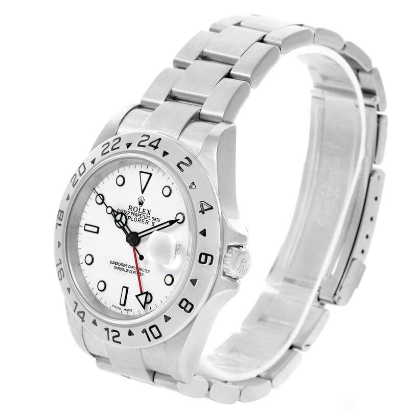 The image shows a Rolex Explorer 16570 Men's Stainless Steel White Dial 16570 Men's Stainless Steel White Dial watch viewed from a slight angle, displaying the dial, bezel, bracelet, and clasp.