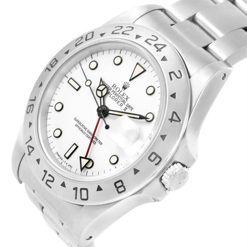 The Rolex Explorer 16570 Men
s Stainless Steel White Dial 16570 Men
s Stainless Steel White Dial watch is shown from an angled view, highlighting its dial, bezel, and bracelet.