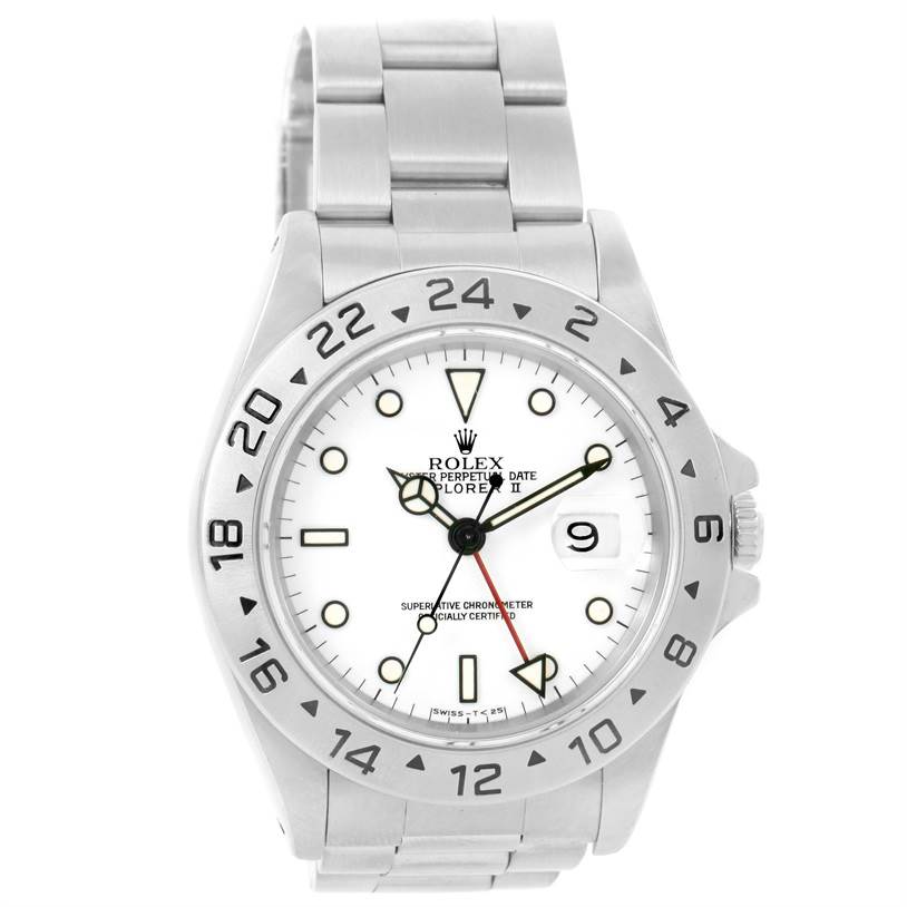 The image shows the front view of a Rolex Explorer 16570 Men
s Stainless Steel White Dial 16570 Men
s Stainless Steel White Dial watch with a stainless steel bracelet and white dial.