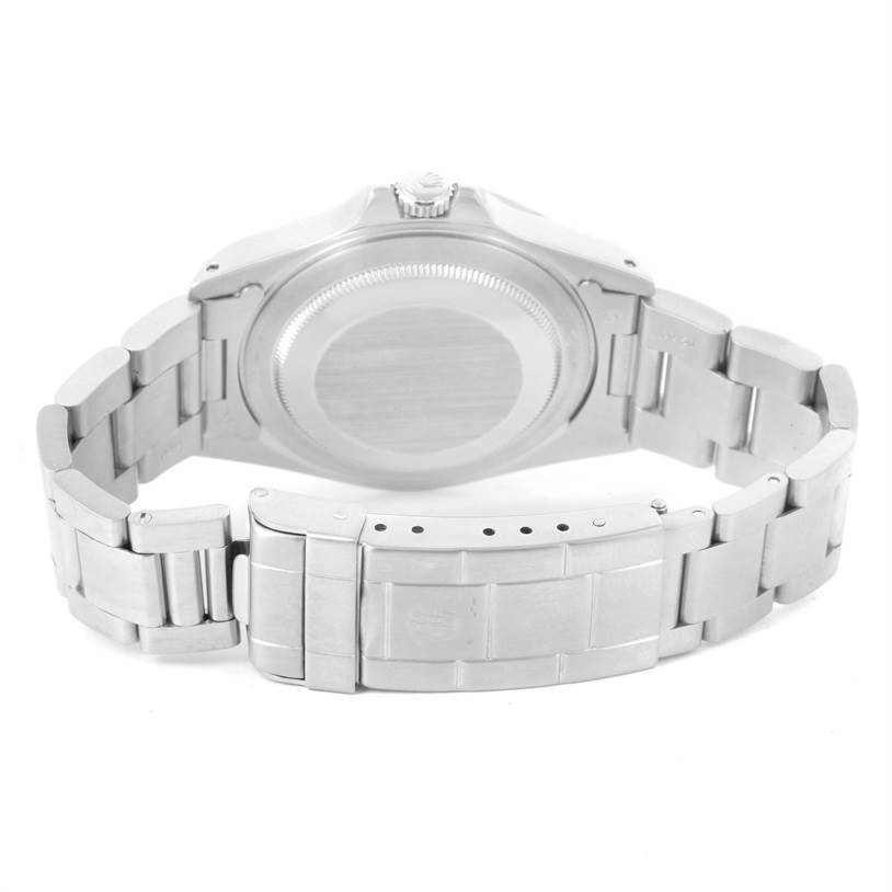 The image shows the back case and bracelet of a Rolex Explorer 16570 Men
s Stainless Steel White Dial 16570 Men
s Stainless Steel White Dial watch from a rear angle.