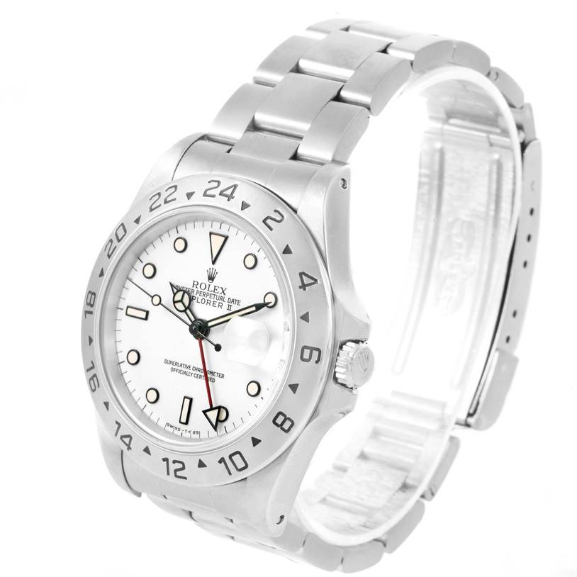 The image shows a Rolex Explorer 16570 Men
s Stainless Steel White Dial 16570 Men
s Stainless Steel White Dial watch at a three-quarter angle, highlighting the bracelet, bezel, case, and dial.