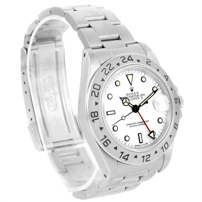 The Rolex Explorer 16570 Men
s Stainless Steel White Dial 16570 Men
s Stainless Steel White Dial watch is shown at a slight angle, displaying the face, bezel, crown, and part of the bracelet.