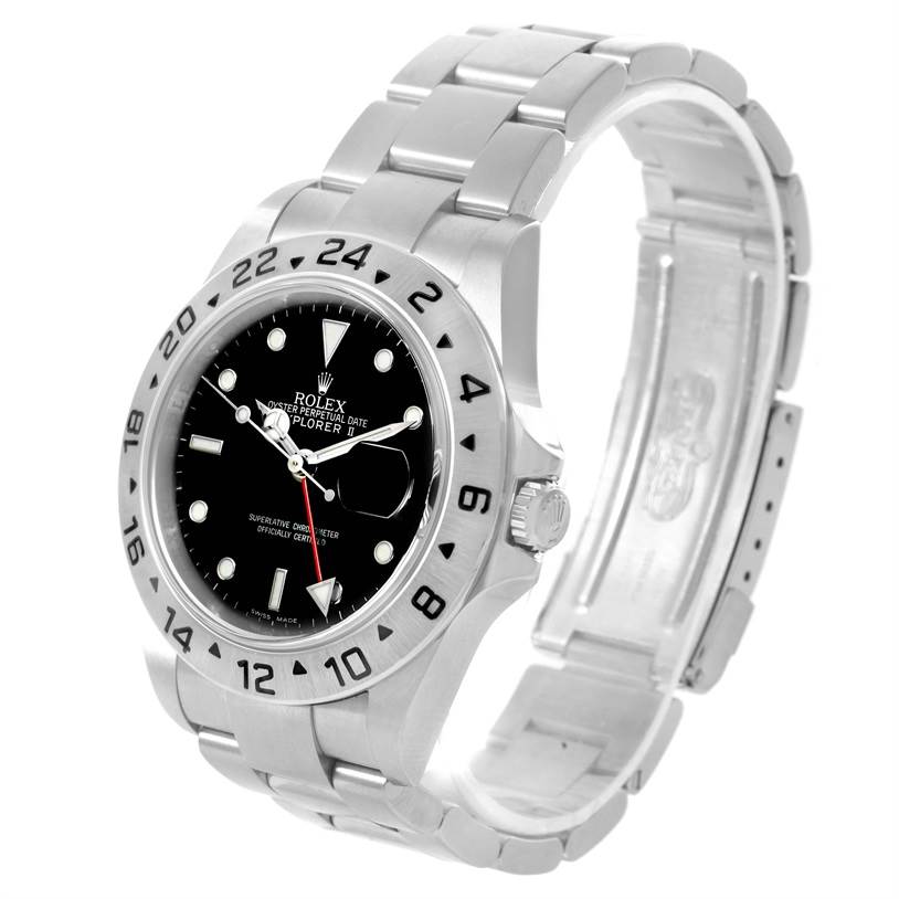 The Rolex Explorer 16570 Men's Stainless Steel Black Dial 16570 Men's Stainless Steel Black Dial model watch is shown at an angled view, highlighting its black dial, silver bezel, and stainless steel bracelet.