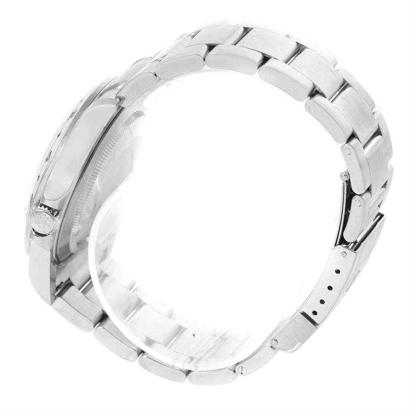 This image shows a side view of the Rolex Explorer 16570 Men's Stainless Steel Black Dial 16570 Men's Stainless Steel Black Dial model watch, highlighting the bracelet and clasp.