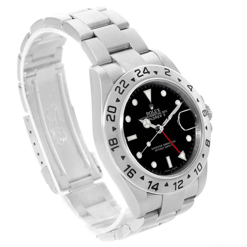 The image shows a Rolex Explorer 16570 Men's Stainless Steel Black Dial 16570 Men's Stainless Steel Black Dial model watch angled to display the face, bezel, and bracelet partially unfolded.