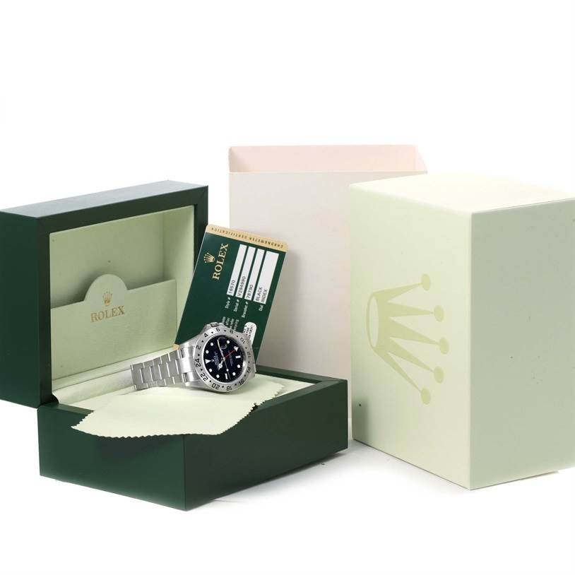 The image shows a Rolex Explorer 16570 Men's Stainless Steel Black Dial 16570 Men's Stainless Steel Black Dial watch in its open box with accompanying cards and packaging.