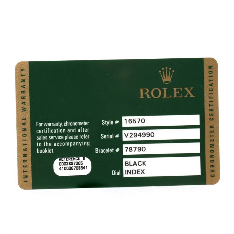The image shows a warranty card for a Rolex Explorer 16570 Men's Stainless Steel Black Dial 16570 Men's Stainless Steel Black Dial model watch, highlighting style, serial, and bracelet numbers, plus dial information.