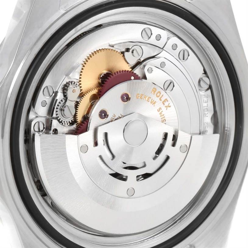 This image shows the intricate movement and automatic winding rotor of the Rolex Explorer 16570 Men's Stainless Steel Black Dial 16570 Men's Stainless Steel Black Dial watch from a rear angle.