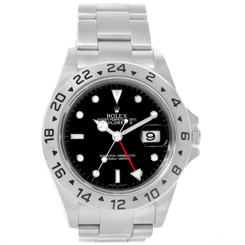 This image shows a front view of the Rolex Explorer 16570 Men's Stainless Steel Black Dial 16570 Men's Stainless Steel Black Dial watch, highlighting the dial, bezel, and bracelet.